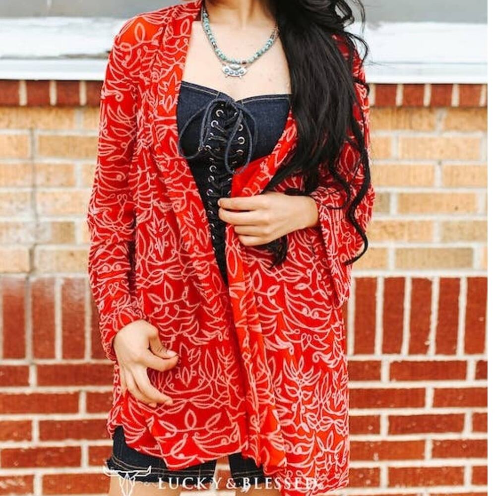 Red Bandana Print Burnout Mesh Kimono Cardigan - Picture 3 of 3